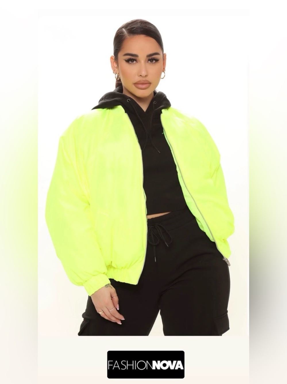 FashionNova Obsessed With Me Bomber Jacket, Neon Green/Yellow, Size L